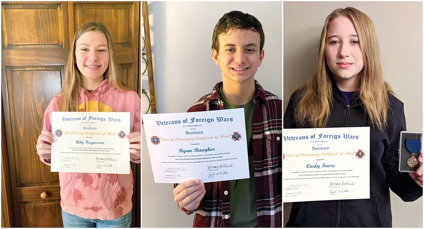 Litchfield students who were among finalists in the VFW 12th District Patriot's Pen and Voice of Democracy essay contests, from the left are Ady Fergurson, who won first in the Patriot's Pen contest and advanced to state; Ryan Baugher, who finished third in the Voice of Democracy contest, and Carly Favre, who won the district Voice of Democracy contest.