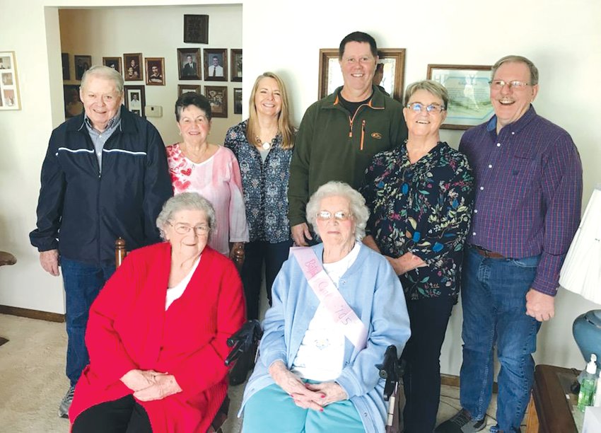 Helen Boehler of Raymond celebrated her 105th birthday on Friday, Feb. 11. In front, from the left are Marthann Warnsing and Helen Boehler. In back, from the left, are Mike and Dottie Colbrook, Kathy and Brad Colbrook, and Elaine and Don Held.
