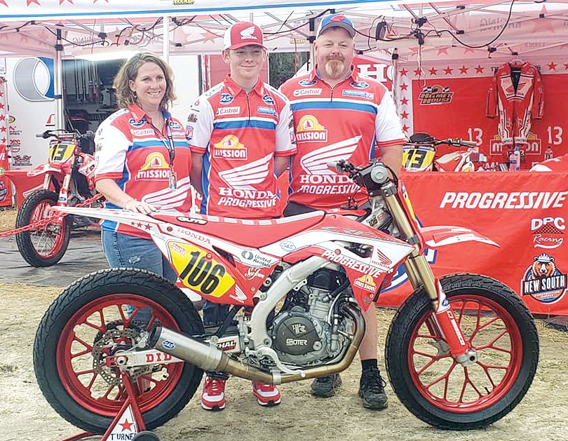 Hillsboro's Chase Saathoff, pictured with his parents, Mike and Bobbi Saathoff, has only had his driver's license since October, but the 16-year-old has already proven himself proficient on two wheels, if not four. After an award-winning amateur career, Saathoff made his pro debut on March 11, finishing seventh in the American Flat Track Singles series race in DeLeon Springs, FL.