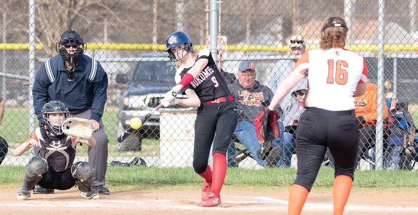 Nokomis&rsquo; Reaghan Jonas unloads on a Paige Rainwater offering during the rivalry match-up between the Redskins and Lincolnwood on Tuesday, April 12. Jonas&rsquo; home run was one of two for the Redskins (Rainwater also hit one for Lincolnwood), who defeated the Lancers 9-2 for their first MSM Conference win of the season.