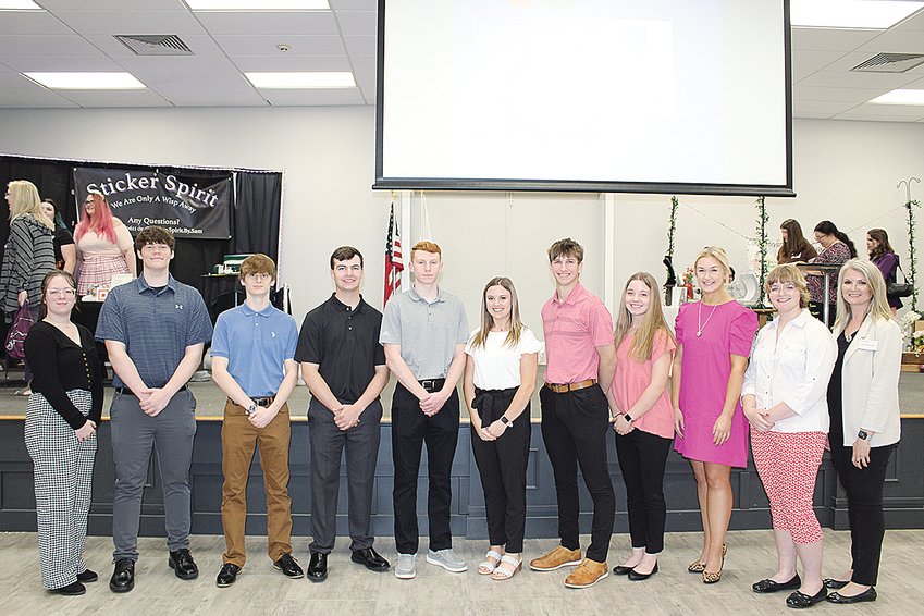 The incoming 2022-2023 Montgomery County CEO Team introduced themselves during the CEO Marketplace on Tuesday evening, May 3. From the left, are Hally Kerske, Mason Morris, Matthew Barker, Matthew Ulrici, Zaylon Sisk, Carley King, Elijah Aumann, Natalie Engelman, Summer Smith and Morgan Jarrell.