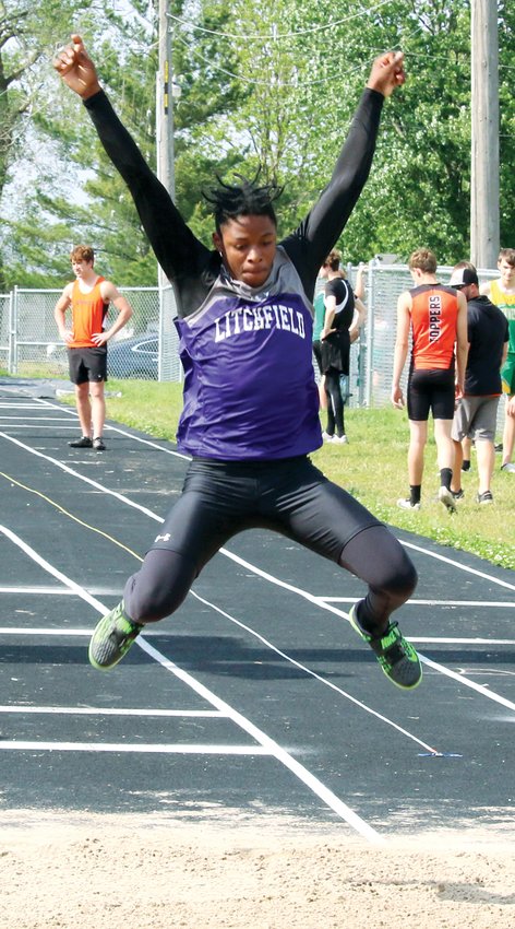 Litchfield sophomore Keenan Powell (shown here during the long jump) will be one of three Panthers to make the trip to state on Thursday, May 26, after he finished second in the triple jump on Wednesday, May 18. Joining Powell will be Cameron Crow, who won the 400 and finished second in the high jump at Virden, and Camden Quarton, who won the 1600 and finished second in the 3200.