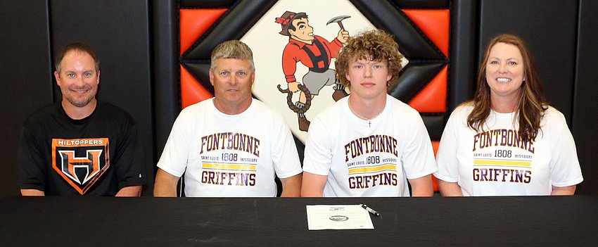 After one of the most prolific seasons in the last 10 years, Hillsboro High School senior Drake Vogel will be continuing his basketball and educational pursuits at Fontbonne University in St. Louis this fall. A key part of the Toppers&rsquo; golf team, Vogel was also offered a spot on the Griffins&rsquo; golf team as well. Above are 2021-22 Hillsboro Boys Basketball Coach Kyle McBrain, Rick Vogel, Drake Vogel and Barb Vogel.