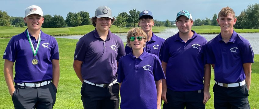 Shooting a 348, the Litchfield High School boys golf team tied for fifth at the 17-team Prairie Vista Invitational in Bloomington on Saturday, Aug. 13. From the left are Tug Schwab, Ian Otto, Sam Schwab, AJ Odle, Zach Boston and Zach Leitschuh. In addition to the fifth place finish as a team, Tug Schwab also cracked the top 10 individually, placing eighth with a 7-over-par 79.