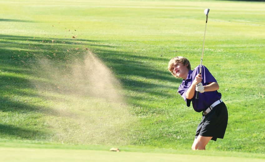 Litchfield's Sam Schwab blasts a shot out of the bunker on the third hole at the Hillsboro Country Club during the Panthers' match with Hillsboro and Williamsville. Led by Sam's brother Tug and Brawly Jacobs, who were co-medalists with Williamsville's Will Seman, the Panthers shot a 161 to defeat the Bullets by three and Hillsboro by 18 on Tuesday, Aug. 23.