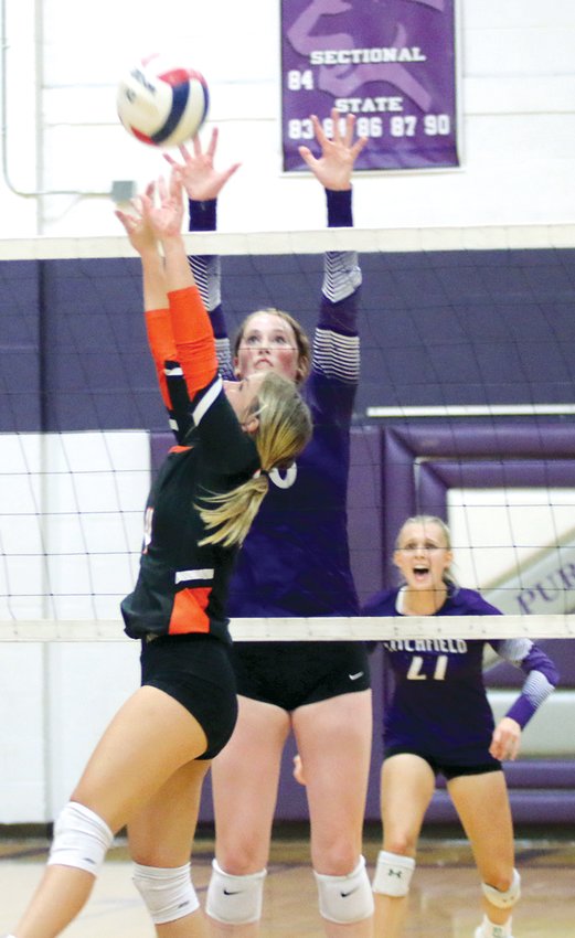 Litchfield's senior hitter Blair Johnson loomed large over Hillsboro setter Kinley Richardson and the rest of the Toppers on Thursday, Sept. 1, putting down 15 kills in the Panthers' three set win over the Hiltoppers.