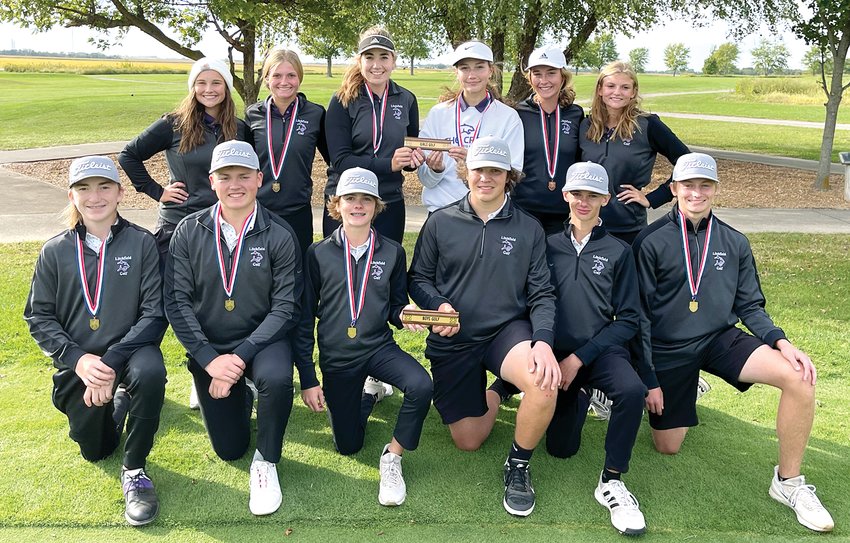 For the first time since 2008, the same school won both the girls and boys South Central Conference championship in golf as the Litchfield Purple Panthers doubled up at Indian Springs on Monday, Sept. 26. The Litchfield boys shot a 315 to beat runner-up Staunton by 21 strokes, while the Litchfield girls won by 24 strokes over North Mac with a 361. In front, from the left, are Brawly Jacobs, Tug Schwab, Sam Schwab, Ian Ott, Tucker Maguire and A.J. Odle. In the back are Olivia Fleming, Lauren Monke, Laura Boston, Charlotte Gardner, Hailey Rentz and Addison Monke.