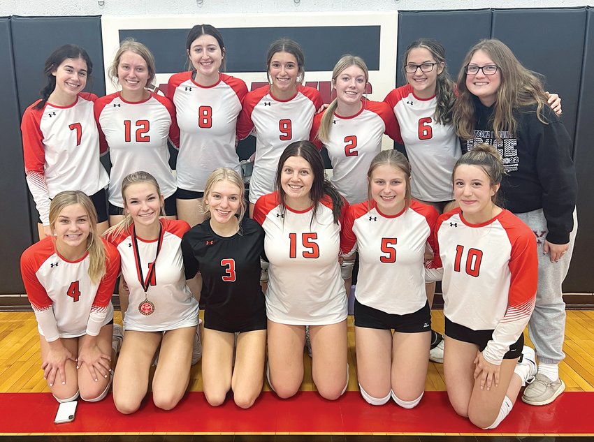 The Hillsboro High School volleyball team went 3-2 at the Morrisonville Tournament last week, beating Bunker Hill on Saturday, Oct. 1, to capture third place. In front, from the left, are Kinley Richardson, Layne Rupert, Isabella White, Sophia Blankenship, Kennady Clayton and Leah Satterlee. In the back are Hanna Hughes, Ellie Miller, Adyson McCammack, Tatum Christian, Maycie Fuller, Kenadie Carlock and Kate Jones.
