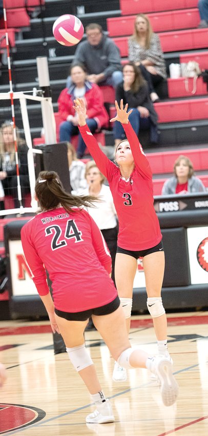Nokomis setter Hailey Engelman (#3) had a team-best six assists, while fellow senior Audrey Sabol (#24) had seven kills as the two members of the Class of 2023 led the attack on the Wildcats in Nokomis&rsquo; 25-16, 25-7 win over Edinburg on Tuesday, Oct. 11.