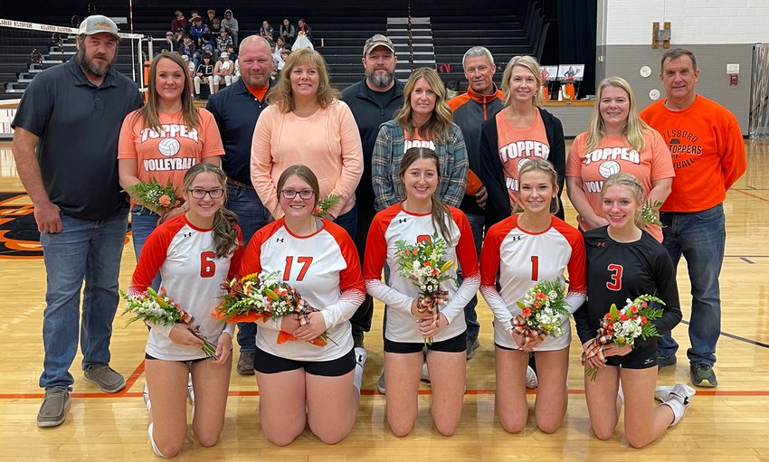 The five senior members of the Hillsboro High School volleyball team were honored prior to the start of the Toppers&rsquo; varsity senior night contest with Southwestern on Tuesday, Oct. 18. From the left are Kenadie Carlock, with parents Mark and Jennifer Carlock; Katherine Jones, with parents Elbert and Julie Jones; Adyson McCammack, with parents Adam and Alison McCammack; Layne Rupert, with parents Bryce and Amy Rupert; and Isabella White, with parents Lisa and Jim White.