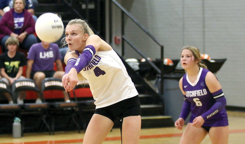 Backed by libero Alli Frerichs (#6), Litchfield's Annika Rhodes gets under a ball to set up the attack for the Purple Panthers during their regional quarterfinal game against Carlinville on Monday, Oct. 24. Litchfield rebounded from a 25-21 loss in the first set to win the second set 25-19, but fell to the Cavies in the rubber match, 25-20, to end their season.