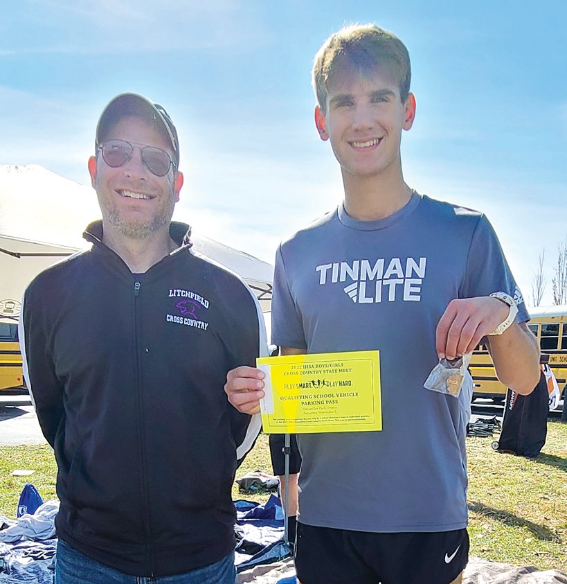 For the second year in a row, and the first time as an individual, Camden Quarton is going to the IHSA Class 1A Cross Country State Finals. Quarton, pictured with Litchfield cross country Coach Jeremy Palmer, finished eighth overall in a talented field at the St. Joseph-Ogden Sectional in Champaign on Saturday, Oct. 29.