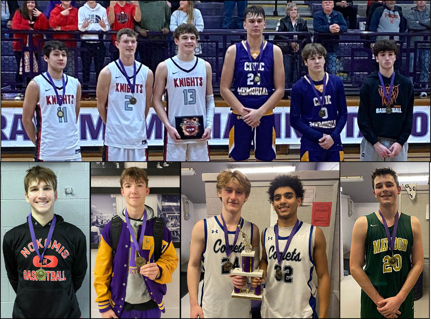 Eleven players from seven teams earned all-tournament recognition for their play at the 2023 Rick McGraw Memorial Invitational on Saturday, Jan. 21, in Litchfield. Above, from the left, are Aydin Hitt, Jake Stewart and McGrady Noyes, the tournament's MVP, from champion Triad; Sam Buckley and Adam Ogden from second place Civic Memorial; and the tournament's leading scorer with 94 points in four games, Will Christian of seventh place Hillsboro. Below are Elijah Aumann from fifth place Nokomis; Drake Howard from fourth place Taylorville; Landen Moss and Kaleb Gardner from third place Greenville and Christian Larson from sixth place Mattoon.