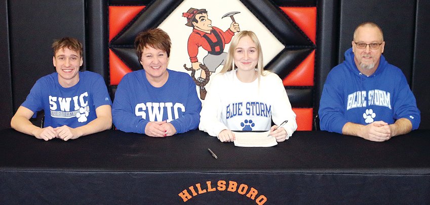 Taelyn Smith has faced some adversity in her three years as a Hillsboro High School softball player, but those challenges have made the victories sweeter and the Topper senior stronger. On Wednesday, Jan. 18, Smith signed to play softball and continue her education at Southwestern Illinois College in Belleville after her time at Hillsboro is complete. Joining her for the signing were her brother Kaeden and parents Gina and Kevin Smith.