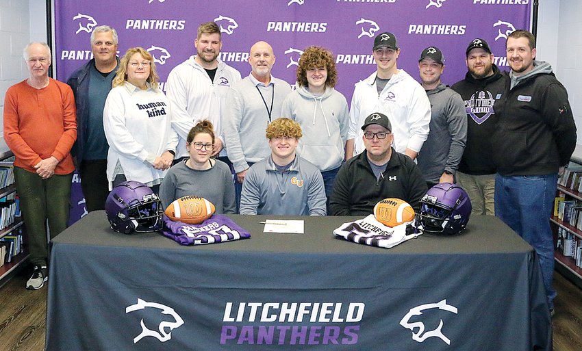 Litchfield High School senior Owen Baugher recently made his college decision official as he signed to continue his football, track and academic career at Greenville University. Seated with Baugher are his parents, Mika and Chris Baugher. In the back are family members Michael Kozemczak and Eric and Karen Whitlock, Litchfield Head Football Coach Dan Carlson, Litchfield Head Track Coach Dan Newkirk, Owen&rsquo;s brother Peyton Baugher, and Litchfield assistant football coaches Colton Faure, Shane Grammer, Billy Wyatt and Clay Murphy.