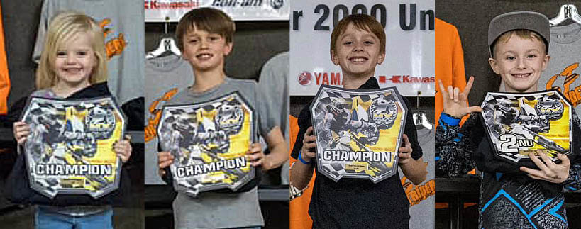 Hillsboro was well represented at the annual South Fork Dirt Riders Motocross banquet on Saturday, March 4. Above, from the left, are Halle Wright (standing in for her dad Adam), Holden Wright, Hudson Wright and Silas Randall, all of Hillsboro.