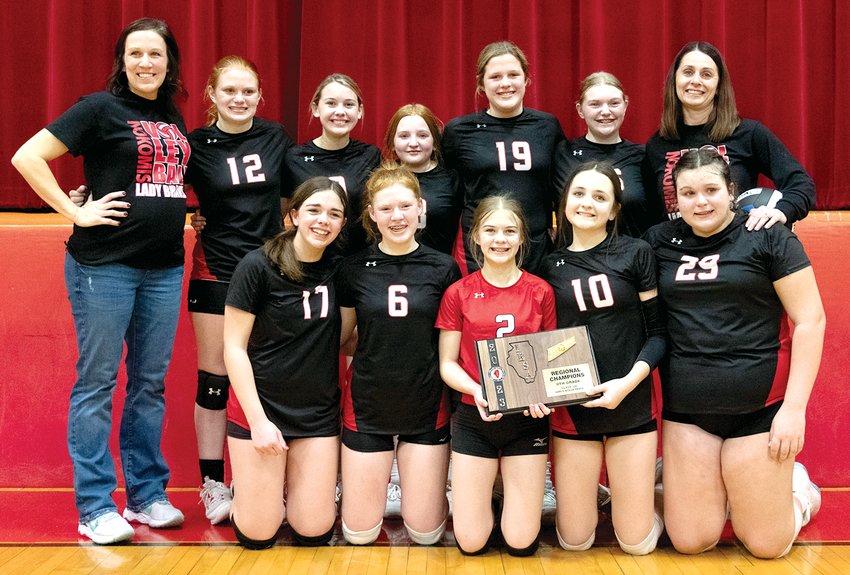 The same group of young ladies who finished second in the IESA Class 2A State Tournament as seventh graders took a step toward making it back to state on Thursday, March 9, as the Nokomis eighth grade volleyball team won their regional over Calhoun. In front, from the left, are Brooklyn Marley, Cloey Dirks, Hannah Tarter, Fallon Knodle and Alivia Sabol. In the back row are Assistant Coach Krystal West, Lily Broers, Ilexia Doyen, Quincee Reibe, Carsyn Bertolino, Alaina Bugg and Coach Megan Mehochko. Not present for the photo is Mackenzie Mehochko.