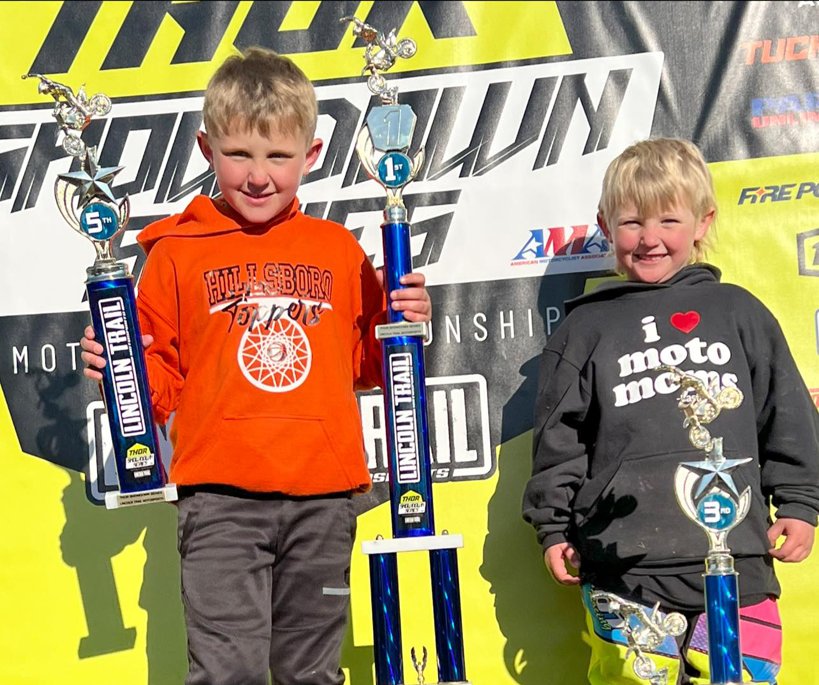 Hillsboro brothers Huntley (left) and Archer Durbin had a good day in the opening round of the Thor Showdown Series at Lincoln Trail Motosports in Casey, bringing home five trophies, including a win for Huntley in the 50cc Jr. class.