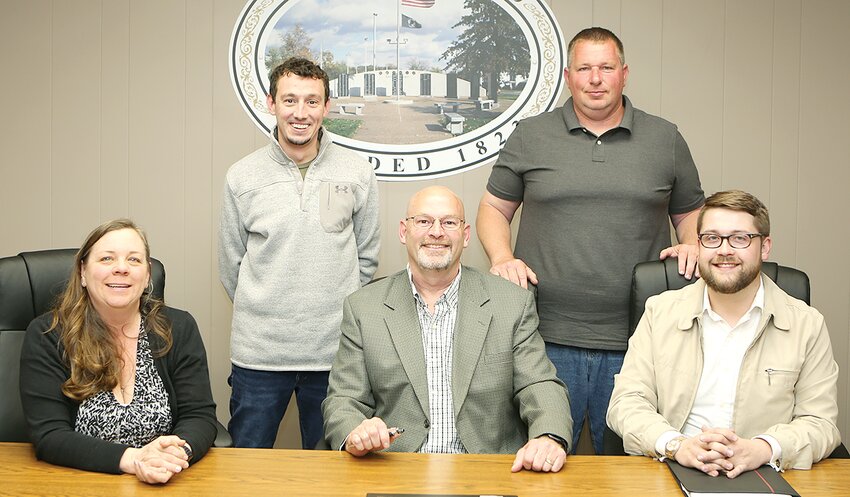 Elected in the April consolidated election, members of the Hillsboro City Council were sworn into office by Judge Chris Matoush on Tuesday, May 2.  Seated, from the left, are Commissioner Kendra Wright, Mayor Don Downs, Commissioner Tommy Justison.  Standing: Commissioner Patrick Ward and Commissioner Fred Butler.