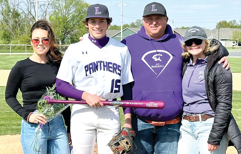 With 13 strikeouts in a seven-inning, three-hit shutout of Staunton on May 2, Jacob Budd set a new standard for senior night success as his Purple Panthers defeated the Bulldogs 6-0. Pictured with the Litchfield senior are his parents, Sheila and Brian, and sister, Sydney.