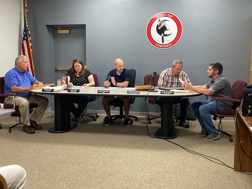 A new mayor took over the reins and two new commissioners were seated at the Nokomis City Council meeting on Monday night. From the left, are commissioners Mike Glenn, Tisha Morris, Dylan Goldsmith, Lou Stauder and Scott Arkebauer.
