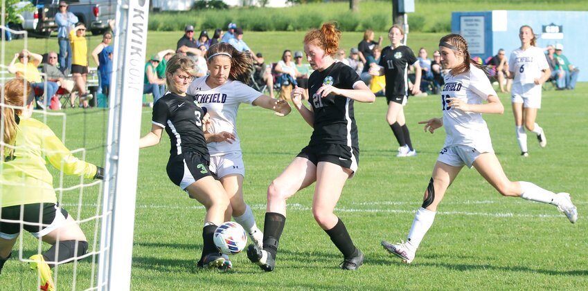Litchfield's Katie Bates put herself in the right place at the right time with two minutes to go in regulation as she sent a shot into the back of the net to tie Southwestern at 5-5 at the end of regulation of the Panthers' regional semifinal game on May 9. After both teams scored in overtime, Litchfield beat the Piasa Birds 3-2 in the penalty kick shootout to advance to the regional championship game in Greenville on Friday, May 12, at 4:30 p.m.