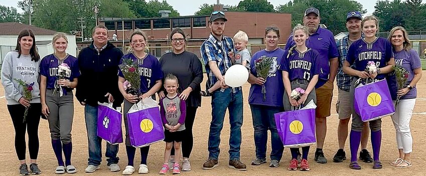 It wasn&rsquo;t exactly the senior night they had planned, but the Litchfield-Mt. Olive softball team did get a win and a chance to honor its four seniors on May 11. With North Greene forfeiting the game, the Panthers honored their seniors before a quick scrimmage on their home field. From the left are senior Lauren Monke, daughter of Brent and Kim Monke; Briley Kester, daughter of Trisha Kester and Danny Emerson; Jenni Boden, daughter of Mike and Angie Boden and Emma Walch, daughter of Curt and Dawn Walch.