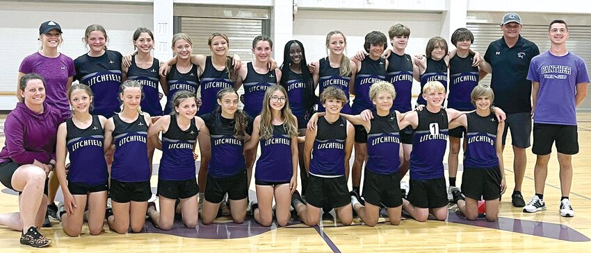 With 21 entries between the Litchfield Middle School boys and girls teams, the IESA Class 3A State Finals track meet will have a purple glow to it on May 19-20. In front, from the left, are Coach Victoria Knoche, Hailey Green, Lana Cress, Maggie Schwab, Lydia Gruelle, Leighton Warchol, Ryker Witt,Jaxon Ray, Hudson Walker and Nick Fetter. In the back row are Coach Stephanie Short, Jennah Longwell, Kilee Hoover, Ava White, Gabbi Jarden, Emma Weidner, Jada Carroll, Amari Vickery, Jalen Stewart, Andrew Boston, Lukas Paine, Troy Masinelli, Coach Drew Logan and Coach Vincent Fanelli.