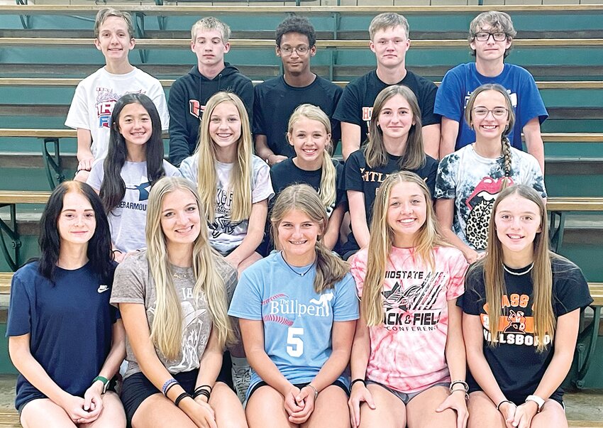 Sixteen young athletes from Hillsboro Junior High will be in East Peoria on May 19-20 for the IESA State Finals track Meet after qualifying for state at the sectional in Gillespie on May 13. In front, from the left, are Aubrey Baldwin, Jaida Linn, Briley Kirby, Amya Greenwood and Kamdyn Putnam. In the second row are Kaelin Cress, Aubrey Huber, Bailey Chappelear, Sophia Watkins and Piper Walk. In the back row are Joseph Lanter, Hunter Davis, Jermaine DeClue, Tytin Wells and Sawyer Hindle. Not pictured is Elijah Patton.