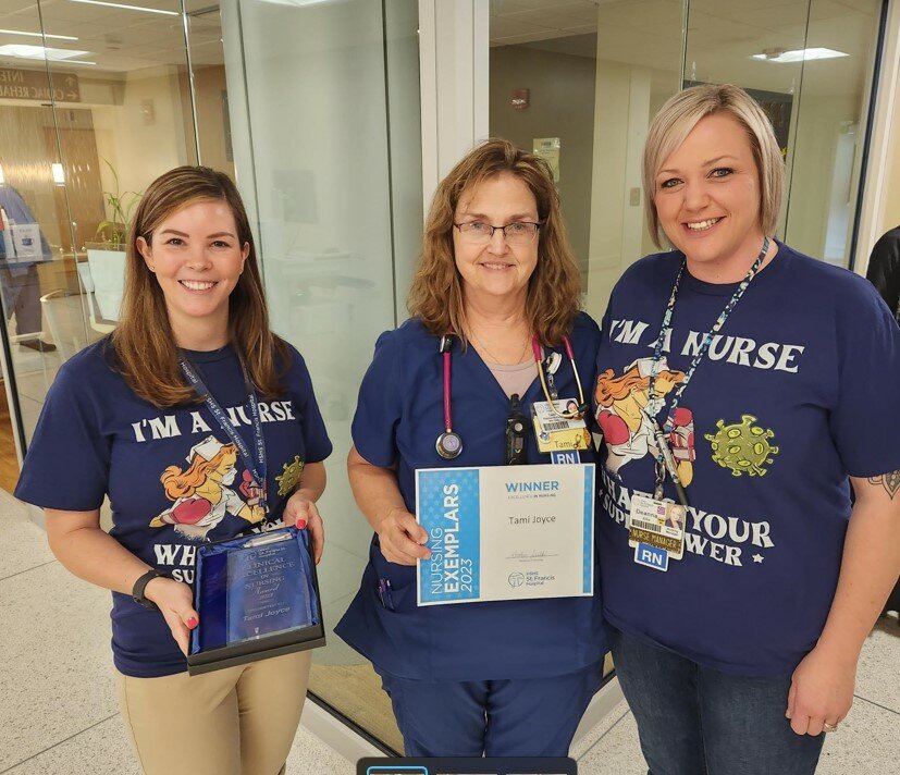 HSHS St. Francis Hospital&rsquo;s Nursing Exemplar Award for Clinical Excellence in Nursing was awarded to Tami Joyce, RN, (center), from the Med Surg unit. The award was presented by Emergency and Surgical Services Manager Deanna Ellis, RN (right) and Chief Nursing Officer Heather Senaldi, RN (left).