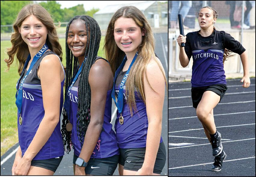 The Litchfield Middle School 4x200 meter relay team ran a 1:55.67 to take the top spot at the IESA State Finals Track Meet on May 20, in East Peoria, by 1.27 seconds over Mercer County. Above, from the left, are Kilee Hoover, Jada Carroll and Emma Weidner, with the fourth member of the relay, Lydia Gruelle pictured on the right during the Mid-State Conference meet.  The state title was one of five state medals for the Litchfield girls, with the Litchfield boys bringing home five more.