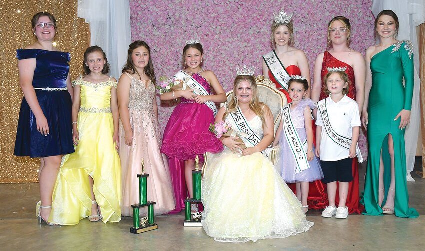 Members of this year&rsquo;s Irish Days royalty court, from the left are Junior Miss contestants Kinlee Paproth, Katrina Millburg, Audrey Rovey, 2023 Junior Miss Irish Days Arya Stimac, 2023 Miss Irish Days Kamryn Russell, retiring 2022 Miss Irish Days MaKenna Lutz, 2023 Little Miss Irish Days Maylee Hampton, 2023 Little Mister Irish Days Sheffield Stimac and Miss Irish Days contestants Hally Kerske and Braylin Crawford.