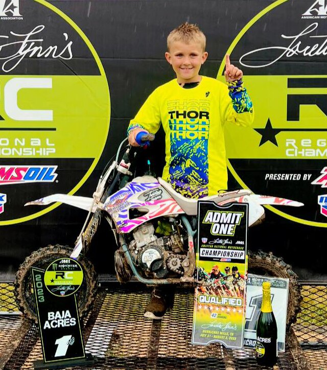 Seven-year-old Huntley Durbin, son of Jon Durbin and Jordan Butler, finished first at the AMA Mid-East Youth Regional Qualifier at Baja Acres in Millington, MI, on June 10-11, to earn his spot for nationals later this year at Lorretta Lynn&rsquo;s Ranch in Tennessee.