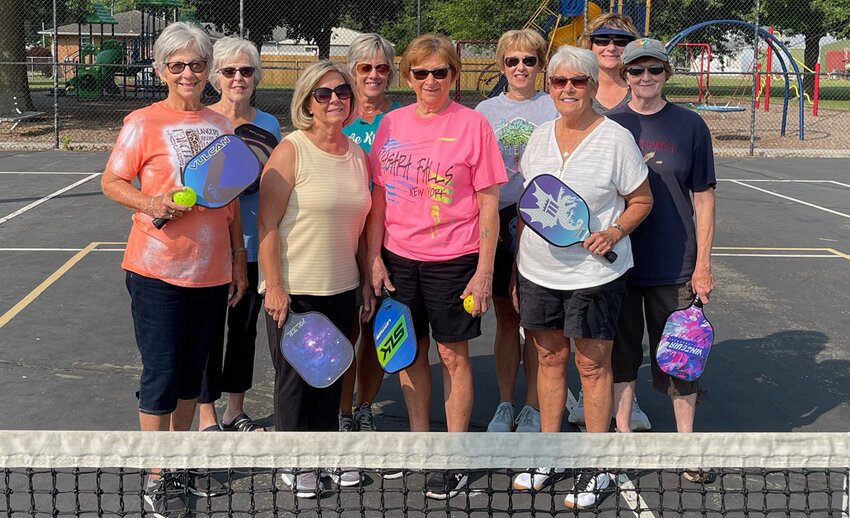 On just about any Tuesday or Friday morning, plus Thursday evenings, you can hear the sound of plastic hitting paddle at open play for the Panhandle Picklers pickleball group. From the left are Pat Pope, Ginny Brockmeyer, Jean Fuchs, Marcia Osterholt, Sandy Smith, Robin Riggs, Linda Hocking, Kathy Johnson and Rhonda Sanford.