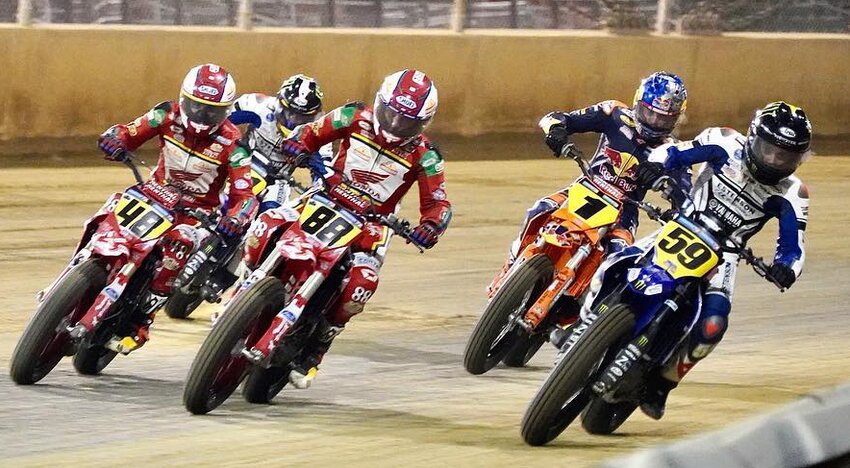 Chase Saathoff, #88, was one of a half dozen racers who finished within three tenths of a second from first place at the Progressive American Flat Track Singles Series stop in DuQuoin on Saturday, June 17. Saathoff finished second to Australian rookie Tom Drane (#59) by just .011 seconds.