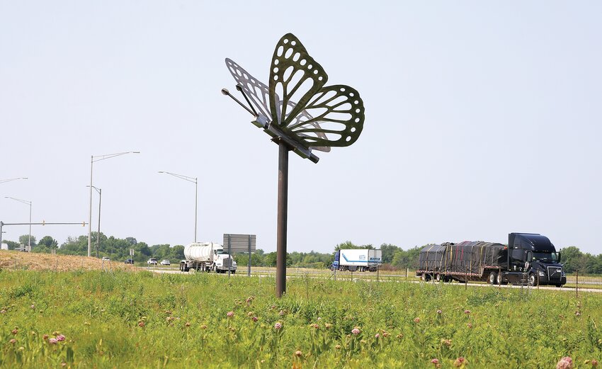 A new monarch butterfly sculpture was installed along Interstate 55 Thursday to welcome travelers to the Route 66 Prairie north of Litchfield.