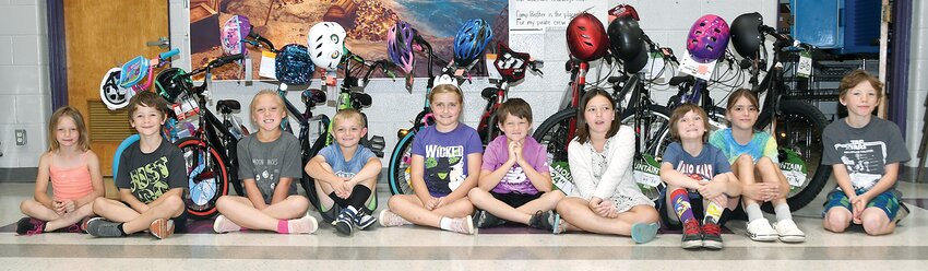 Bike winners in kindergarten through fourth grade, from the left are Bella Hammack, Elijah Starwalt, Caroline Belt, Chase Estell, Sonya Wilson, Noah Wood, Harper Zumwalt, Gage Lasko, Lilyanna Bradburn and Oden Starwalt.