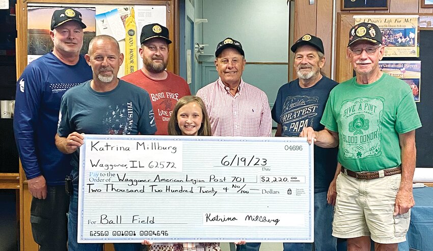 In just over a week, 11-year-old Katrina Millburg of Waggoner raised $2,220 for the American Legion&rsquo;s ball field in Waggoner, which was recently rebuilt for use for the first time in more than 25 years. Pictured with Millburg, from the left, are American Legion Everett C. Burton Post 701 members Dan Brown, Jon Yard, Ryan Brown, Glenn Rovey, Roger Gunn and Carl Leonard.