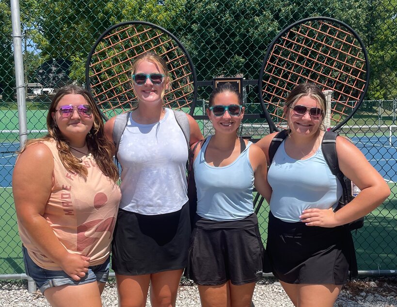 Four members of the Hillsboro girls tennis team, from the left, Layla Spinner, Aubrey Reincke, Claire Matthews and Zoey Spinner, competed in Greenville's end-of-summer tennis tournament on July 29. The players, who will be hosting a fundraising bake sale on Aug. 4, squared off against doubles and singles entries from Greenville, Mascoutah and Highland.