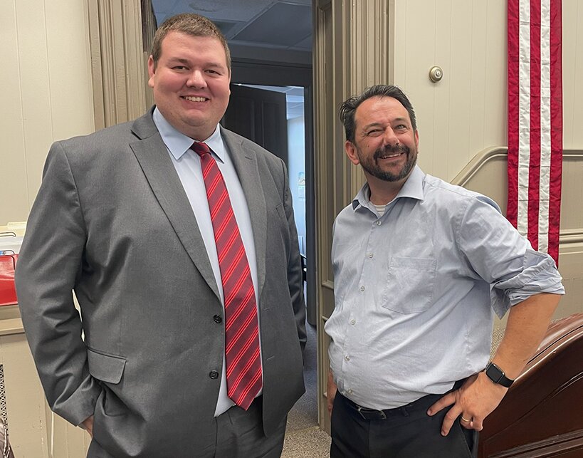 Montgomery County State&rsquo;s Attorney Andrew Affrunti, at right, introduced new assistant state&rsquo;s attorney Clark Johnson, at left, during the board meeting on Tuesday evening, Aug. 8. Johnson is originally from the Farmersville area.