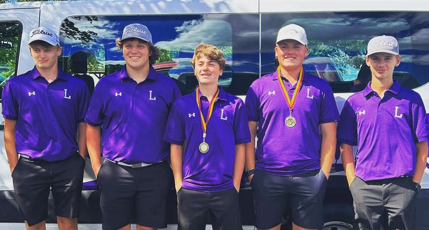 The Litchfield High School boys golf team finished tied for fifth with a 318 at the Hickory Stick Invitational on Monday, Aug. 14, a score that would have tied for first last year. From the left are A.J. Odle, Ian Otto, Sam Schwab, Tug Schwab and Tucker Maguire. Tug Schwab finished tied for fourth individually with a 73, while Sam Schwab was tied for eighth with a 75.