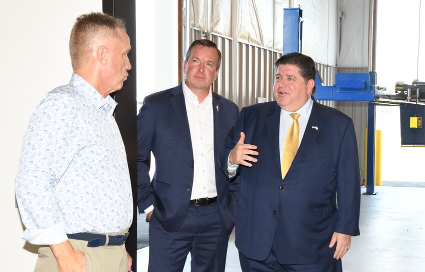 Illinois Governor JB Pritzker stopped in Litchfield on Monday afternoon, Aug. 28, for the grand opening of the South Central Illinois Regional Workforce Training and Innovation Center. Prior to the ribbon cutting ceremony, Governor Pritzker toured the facility, which includes hands-on training in construction trades, welding and automotive tech. Pictured above, from the left are Litchfield School District Career and Technical Education Coordinator Dr. David Lett, Deputy Governor Andy Manar of Bunker Hill and Governor JB Pritzker.