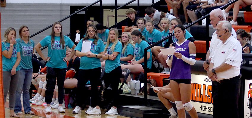 Litchfield High School senior Kendall Stewart (right) spoke about suicide awareness prior to the start of the Panthers' volleyball game in Hillsboro on Thursday, Aug. 31. Both teams sported &quot;Spike Out Suicide&quot; shirts prior to the game in honor of Suicide Awareness Month, which began Sept. 1.