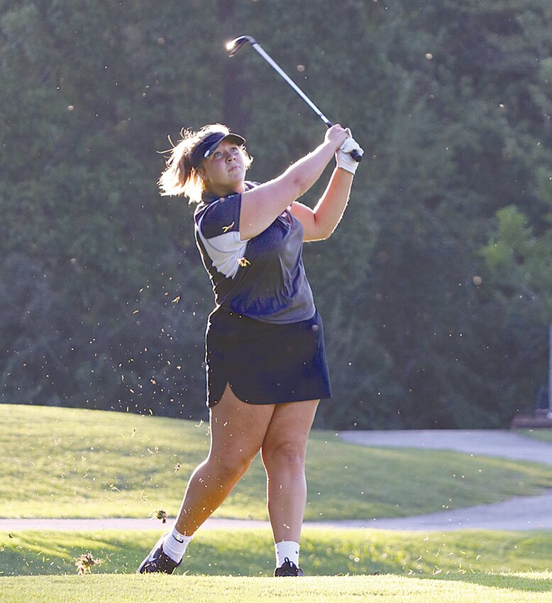 Lincolnwood&rsquo;s Kaylee Gerlach watches her shot during the Lancers&rsquo; match in Staunton on Tuesday, Sept. 12. Gerlach shot a 49 on the day to help Lincolnwood score a win over Ramsey-Nokomis and South County, their 11th and 12th victories of the year.