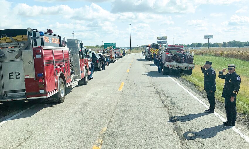 Nearly 20 local fire departments and first responders lined the Frontage Road outside Farmersville on Sunday, Sept. 17, to pay their respects to longtime Farmersville-Waggoner Fire Chief Jeffrey Brown.