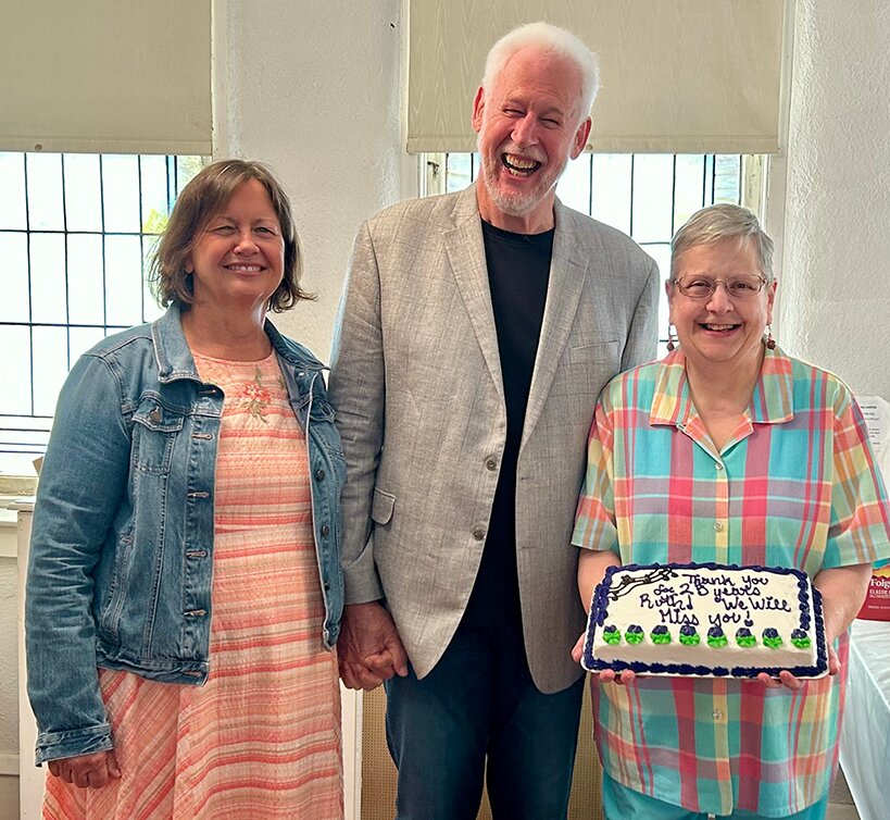 Ruth Balke, longtime pianist at the Witt United Methodist Church, was recognized on Sunday, Sept. 24. Pictured above, from the left are Nelma Lawton, Pastor Mike Lawton and Ruth Balke.