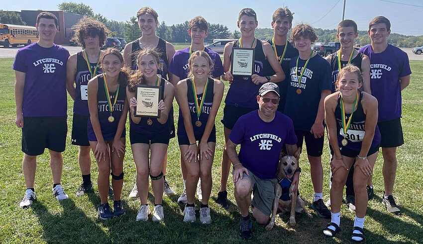 The Litchfield High School cross country team took first in the girls' division and second in the boys' division at the Southwestern Invitational on Saturday, Sept. 30. In front, from the left, are Alex Gasperson, Emma Diveley, Joelle Hughes, Coach Jeremy Palmer and Rilynn Younker. In the back are Coach Vincent Fanelli, Matt Green, Lucien Quarton, Alec Roach, Kenny Traylor, Camden Quarton, Braxton Kieffer, Chris McGee and Mitchell Floyd. Not pictured is Darby Braasch.