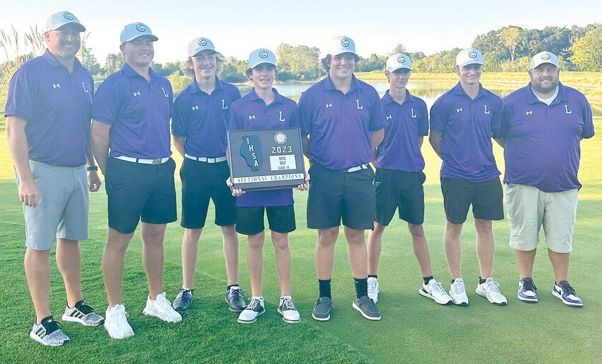 The Litchfield boys golf team won the program's first sectional title on Monday, Oct. 2, defeating defending state champion Effingham St. Anthony by one stroke to win the Waterloo Gibault Sectional at the Acorns Links in Waterloo. From the left are Coach Dan Stewart, Tug Schwab, Brawly Jacobs, Sam Schwab, Ian Otto, Tucker Maguire, A.J. Odle and Head Coach Justin Ripley.