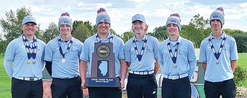 For the first time in the program's history, the Litchfield High School boys golf team came home from the IHSA state tournament with a trophy. The Panthers shot a 311 on day two of the tournament (Oct. 7), tying eventual champion Effingham St. Anthony for the best team round of the weekend and securing third place at Prairie Vista Golf Course in Bloomington. From the left are Tug Schwab, A.J. Odle, Ian Otto, Brawly Jacobs, Sam Schwab and Tucker Maguire.