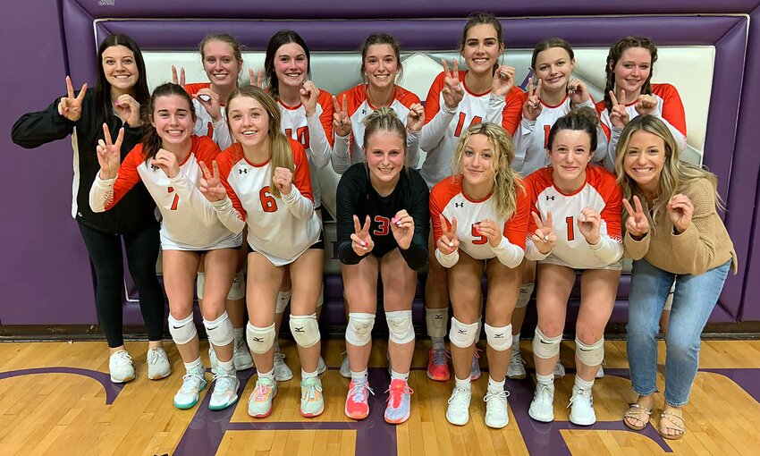 The Hillsboro High School volleyball team picked up their 20th win of the season on Tuesday, Oct. 10, beating Litchfield 25-20, 25-13. In front, from the left are Hanna Hughes, Amya Greenwood, Kennady Clayton, Reagan Lentz, Leah Satterlee and Head Coach Emily Zimmerman. In the back row are Sophia Blankenship, Ellie Miller, Kearstynn Davis, Tatum Christian, Addison Lowe, Emoree Shepard and Tyler Beard.